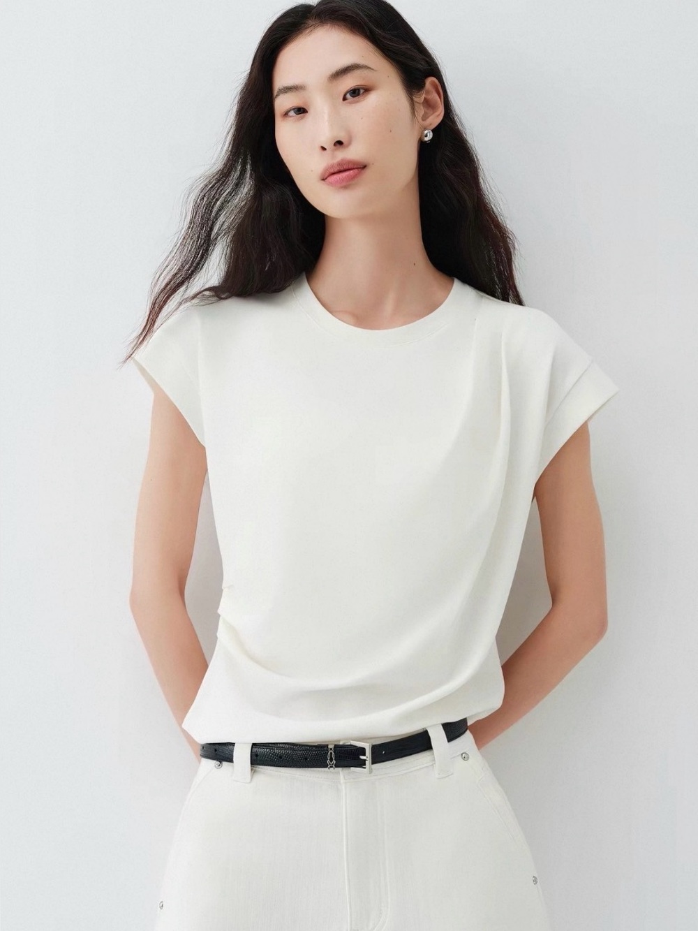 NWT PEACEBIRD Women’s Cream Draped Cap Sleeve Blouse Top Minimalist NWT Size L